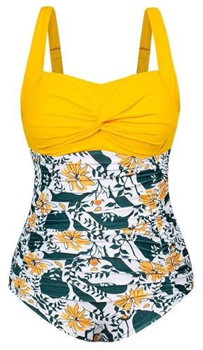 Hanna Nikole Women's Plus Size One-Piece Sunflower Flower Print Swimsuit One-Piece Swimsuit Yellow Flower 12