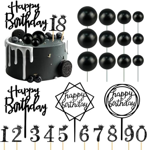 25 Stück Happy Birthday Tortendeko, Glitter Cake Topper Schwarz, mit Tortendeko Kugeln und 0-9 Zahlen Topper, Tortenstecker für Geburtstag Party, Hochzeit