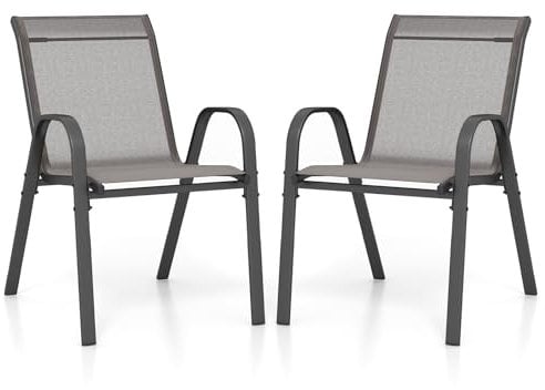 COSTWAY 2er Set Gartenstühle stapelbar, Stapelstühle aus Textilene und Metallgestell, Terrassenstühle mit Armlehnen, Balkonstühle bis 150 kg belastbar, 56 x 70 x 84 cm, Grau