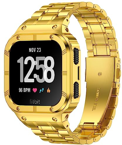Edelstahl Uhrenarmband mit Gehäuse kompatibel für Fitbit Versa Sense Bands | Robuste Schützende Stoßstange Metall Armbänder für Fitbit Versa 4 3 2 1 Lite Fitbit Sense 2/Sense für Männer Frauen (Gold)