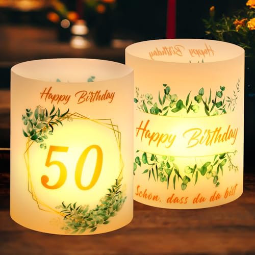 12 Windlicht Tischdeko 50 Geburtstag, 50 Happy Birthday Tischdekoration, Deko 50. Geburtstag Mann Frau, Schön DASS Du Da Bist, Geeignet für Teelichter oder Kerzen