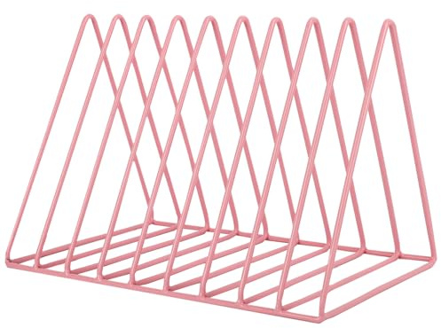 EASEPRES Porta dischi in vinile, 9 scomparti, in metallo, per riviste, libri, album, espositore, elegante, triangolare, organizer da scrivania per casa e ufficio, rosa