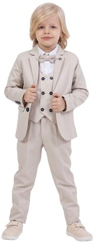 Suit for Boys | 5-Piece Set Shirt, Pants, Vest, Jacket, and Bow Tie | Party and Formal Wear for Boys Aged 1-13 Years (UK, Age, 10 Years, 11 Years, Regular, Beige)