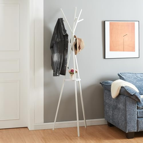 [en.casa] Appendiabiti da Terra ad Albero in Metallo Stand Porta Abiti con Ripiano Rotondo e Rami Attaccapanni per Ingresso Corridoio Casa Ufficio Altezza 179 cm - Bianco