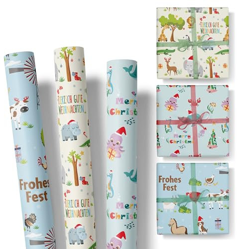 Geschenkpapier Kinder Weihnachten – 3 Rollen im Set– Motive: Zoo – Geschenkpapier Weihnachten – Weihnachtsgeschenkpapier Mädchen und Jungen – Rolle: 47 cm breit, 3 m lang - SET 2