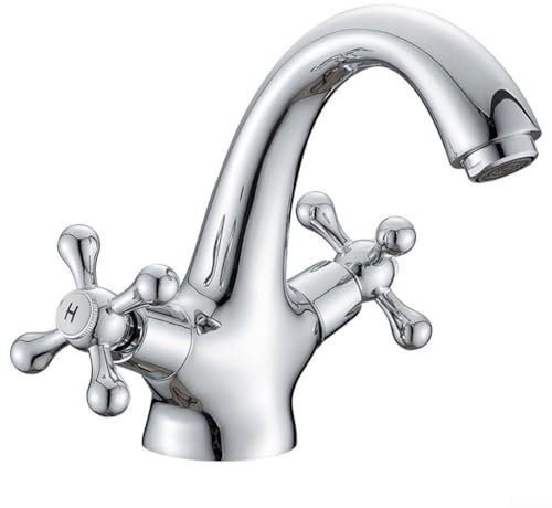 Oniissy Rubinetto da bagno vintage con doppia maniglia girevole per lavabo caldo e freddo, miscelatore tradizionale vittoriano monoblocco vintage cromato con doppia maniglia a croce (cromato)