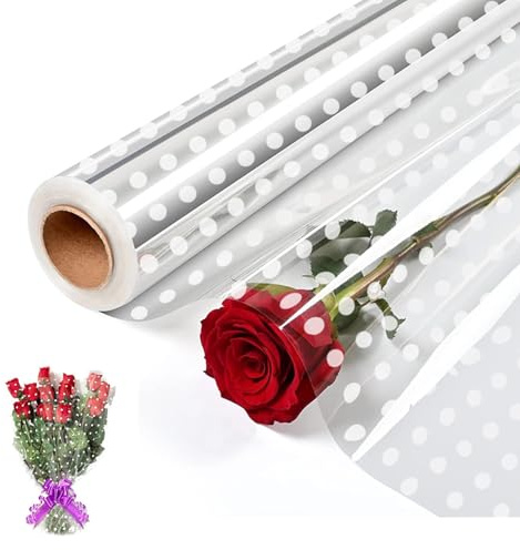 Papier Cellophane,40CMx 30M Papier Transparent Emballage Papier Fleuriste Transparent 1 Rouleau Pois Blancs Rouleau de Cellophane pour Fleurs,Artisanat,Emballage Cadeau