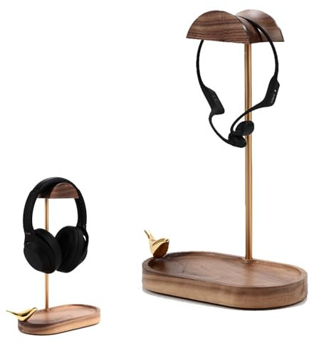NIRVASH Headphone Stand Wood, Wooden Headset Stand for Desk, Walnut Headphone Holder with Storage Base Compatible with Airpod max, Bose, Razer, Sennheiser, Shure, Jabra, JBL, AKG, Brass
