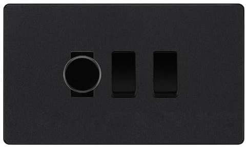 BG Evolve Matt Black 3 Gang Light Switch 1x Trailing Edge LED Dimmer 2x 2 Way Custom Switch