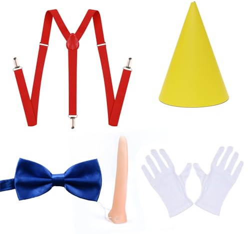 JUFYVO 5pcs Pinocchio Fancy Dress Cappello Giallo Naso Guanti Bianchi Papillon Blu Bretella Rosso Reggicalze Libro Personaggio Cosplay Storybook Abiti Fairytale Character Outfit