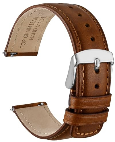 WOCCI 20mm Uhrenarmband für Herren und Damen, Echtes Leder - Top Genarbtes Leder, Schnellverschluss, Silberne Schnalle (Goldbraun)