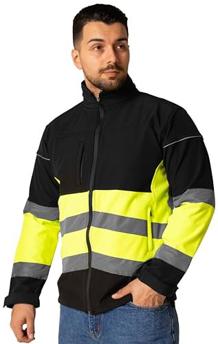 Sam Caan® Hi Vis Softshell Jacket Men High Visibility Viz Reflective Water Resistant Shower Proof Rain Repellent Windproof Safety Site Coat Work Wear Builder Soft Shell Workwear Warm Top