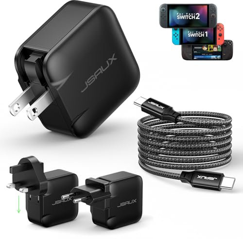 JSAUX 65W USB C Charger for Nintendo Switch 2, ROG Ally, Steam Deck, Tablets, Laptops, Samsung Galaxy, Pixel, 65 Watt PD Fast Charger with 6.6FT USB C to C Cable, EU & UK Plug