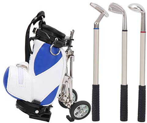 Segrehy Golfstift -Set Mini Golf Bag Desktop Golfstifthalter Ständer mit 3 Kugelschreiber rot blau schwarzen Tinte für Büro -Dekor -Geschenk für Golfliebhaber Zink -Legierung PU Leder (Blau und Weiß)