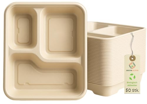 Greenkaufen Lot de 50 assiettes en bagasse à 3 compartiments, 232 × 198 × 39 mm, compostables, biodégradables, stables et durables – Lot de 50 assiettes jetables pour fêtes, événements et repas (50)