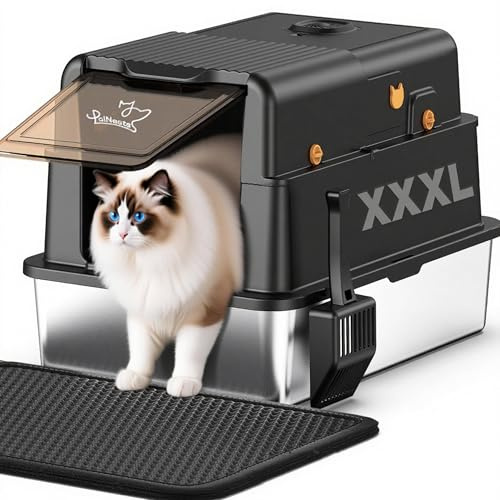 PalNests XXXL Katzentoilette aus Edelstahl mit Deckel Extra Große Kapazität | Geschlossene Metall Katzenklo für Große & Mehrere Katzen, Geruchskontrolle mit Katzenstreu-Deodorant, Auslaufsicher, 3-in-1