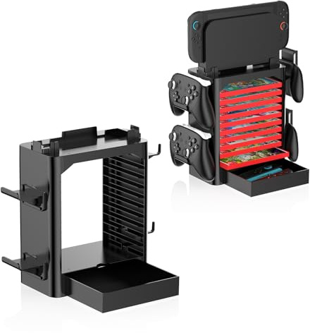 EJGAME Game Storage Tower Compatible With Nintendo Switch 2/Switch, Game Disk Rack, Controller Organizer, Switch 2 Dock Holder Stand for Gamers