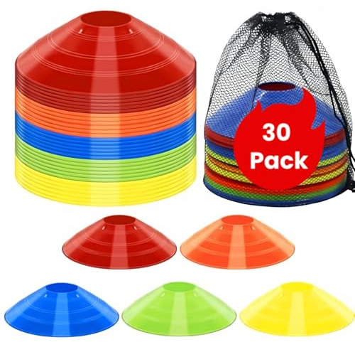 GilesEdward 30‑Pack High‑Visibility Disc Cones with Carry Bag & Holder – Multicolour Agility Markers for Soccer, Football & Speed Drills – Durable Flexible PE Training Cones
