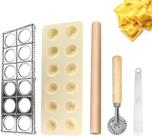 Ravioli-Maker aus Aluminium, Ravioli- & Maultaschenbrett, 5 Stück Ravioliformen Set mit Nudelholz Teigtaschenrad Former, Fleischspatel Raviolibrett für Die Herstellung Von Ravioli, Knödel