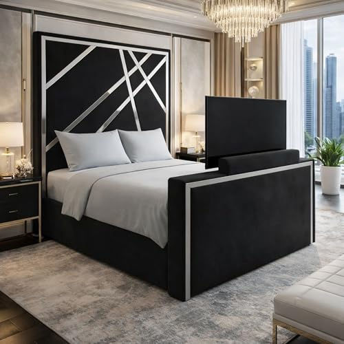 ark future Ottoman Gas Lift TV Bed Frame – Upholstered Plush Velvet Storage Bed with Remote Control TV Lift Mechanism, Modern Bedroom TV Bed (Black Plush, 3ft Single)