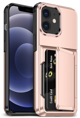 Aolcev for iPhone 12/12 Pro Case with Card Holder [Max 4 Cards] Rose Gold | Military Drop Grade Shockproof Protection,Heavy Duty, Dual Layer Hard PC Soft TPU Bumper, Wallet Phone Cover for iPhone 12