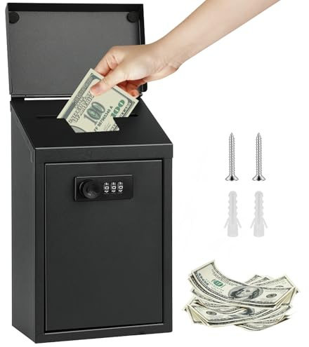 Spendenbox Metall Abschließbar, Geldkassette Wandmontage mit Zahlenschloss | Schlüsselbox für Außenbereich, Sicherer Briefkasten Vorschlagsbox mit Einwurfschlitz, Schwarz, Wetterfeste 25.5 x 14.5 x 8cm