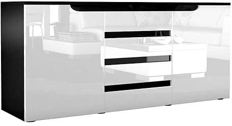 Vladon Sideboard Sylt V1, Kommode mit 2 Türen und 4 Schubladen, Korpus - Anthrazit matt/Front - Weiß Hochglanz/Absetzung - Schwarz Hochglanz (138,5 x 75,5 x 35 cm)