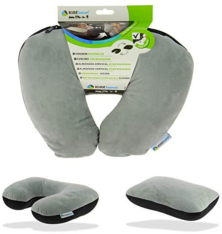 Kine Travel 169802 Coussin Microbilles 2 en 1 : Tour de Cou et Oreiller d'appoint - approuvé par Un Kinésithérapeute, en Faux daim Pour Voyage, Gris/Noir