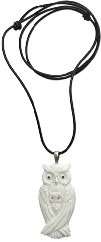 NOVICA Halskette mit Knochen-Anhänger Leder 34,5 cm White Owl Family