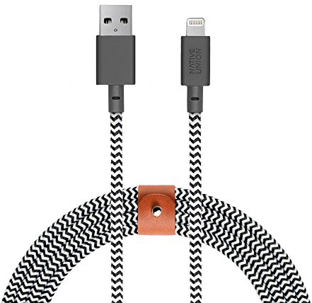 Native Union Belt XL Cable - 3 Metres Ultra-Robusto Reforzado [Certificado MFi] Cable de Carga Lightning a USB con Correa de Cuero (Zebra)