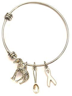 Ehlers Danlos Syndrome EDS Awareness Bracelet. Stainless Steel Expandable Bangle With Zebra, Spoon And White Ribbon Charm