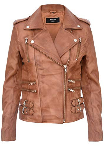Ladies Retro Tan 100% Nappa Leather Biker Jacket 5XL
