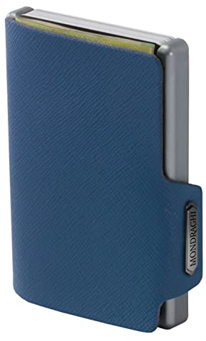 MONDRAGHI® Mini-Wallet. Ultraleichte Geldbörse mit Saffiano-Leder. Kleiner Geldbeutel mit RFID-Schutz-Chip - Kartenetui mit Leichtmetallrahmen | Saffiano Blue