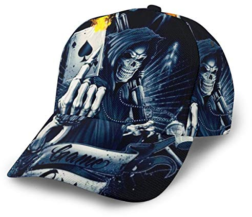 Inaayayi Baseballkappe mit Totenkopf-Motiv, Motiv: Game Over Fire, Pokerkarten, Trucker-Mütze, kariert, flache Baseballkappen für Männer und Frauen, verstellbarer Riemen, Schwarz, Schwarz ,