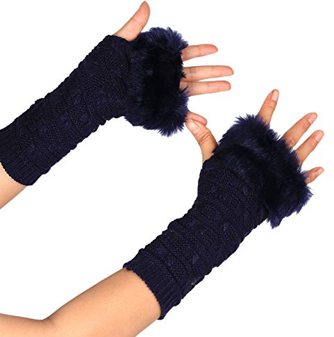 MoreChioce Kunstfell Armstulpen,Damen Winter Wärm Handschuhe Kunstpelz Handwärmer Manschetten Gestrickte Stulpen Handstulpen Armmanschette,Marine