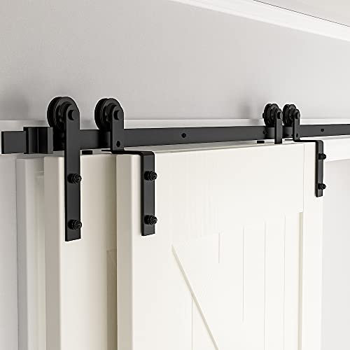 skysen 12FT Heavy Duty Sliding Barn Door Hardware Single Track Bypass Double Door Kit Black(Bypass I Shape-1)