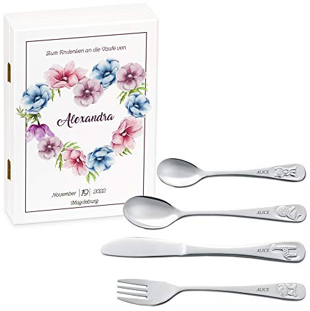 Maverton Kinderbesteck Set mit Gravur + Holzbox mit Aufdruck - mit Tieren - aus Edelstahl - Weiß - Geschenk für Mädchen zum Geburtstag zur Taufe Geburt - Blumenherz
