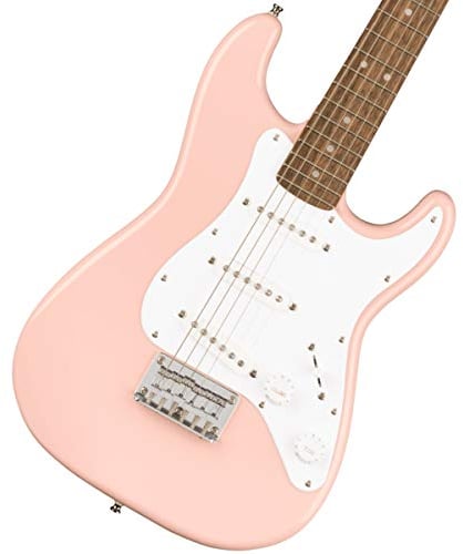 Fender Squier Mini Stratocaster, Guitarra Eléctrica, Pink Shell, Guitarra Ideal para Principiantes, Incluye cursos virtuales gratuitos en Fender Play