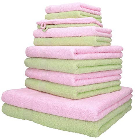 Betz 12-TLG. Handtuch-Set Palermo 100% Baumwolle 2 Liegetücher 4 Handtücher 2 Gästetücher 2 Seiftücher 2 Waschhandschuhe Farbe rosé und grün