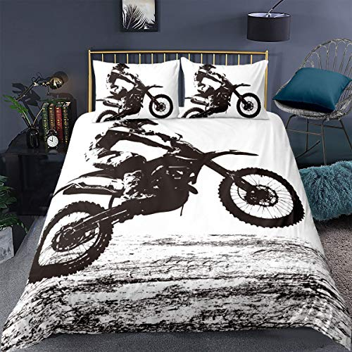 Loussiesd Dreckiges Fahrrad Bettwäsche Moto-Cross Bettwäsche Set 135x200 cm Weiß schwarz Motorrad Bettbezug Set Extremsport Thema Betten Set mit 1 Kissenbezug 80x80cm Motorrad Fahrrad Dekorativ