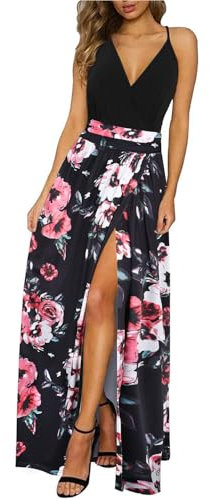 Newshows Donna Estate Profondo Scollo a V Leisure Spaghetti Dress Flower Print Split Maxi per Beach Party(Floral 02,XX-L)