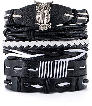BVFRA Damen Lederarmband,Vintage Boho Geflochtene Verstellbare Punk Echtleder Charm Eule Mehrschichtige Schwarze Lederarmbänder Männer Frauen Jungen