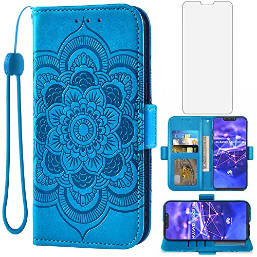 Asuwish Funda para Huawei Mate 20 Lite con Cristal Templado Protector Pantalla Vidrio Pelicula Protectora Libro Cuero Piel Tarjetero Soporte Hawaii Mate20 20Lite SNE-LX1 Tapa Carcasa Capa Case Azul