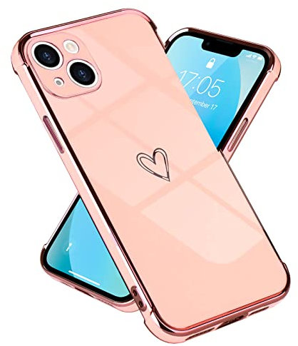 Micoden for iPhone 13 Case Cute Girls Silicone Heart Pattern Design Cases Fashion Plating Edge Ultra Thin Shockproof Protective Bumper Phone Case for iPhone 13 Pink