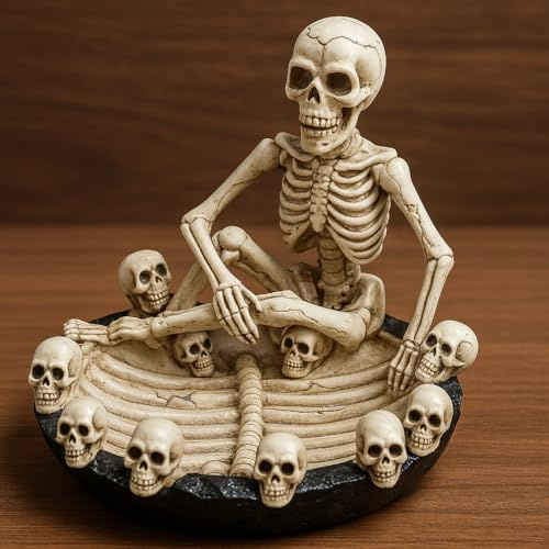 Skeleton Figurine Gothic Ornament – Resin Skull Ashtray Style Bowl with Seated Skeleton, Macabre Halloween Decoration, Spooky Tabletop Centrepiece for Gothic & Horror Décor JR1459