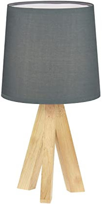 firstchoicelighting Natural Wooden Table Lamp or Bedside Light, Modern Tripod Design, Grey Fabric Shade, 36cm Height, LED Compatible