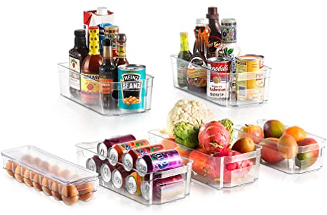 NutriChef NutriChefKitchen Set of 6 Refrigerator Bins-5 Wide Fridge Organizers and 1 Egg Holding Tray for Freezer, Kitchen, Countertops, Cabinets, One Size, Clear