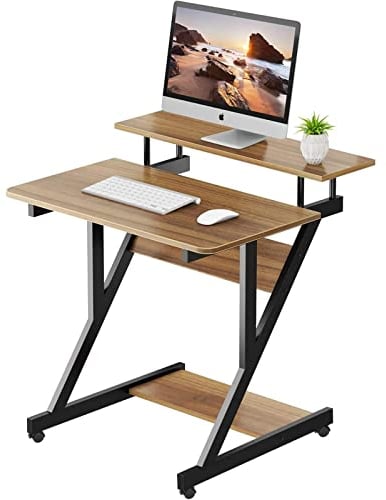 Dripex Scrivania per Computer con Ruote Scrivania 70x60x79 cm Tavolo Porta PC Salvaspazio Z-Tavolo Mobile per Laptop con Ripiani per Piccoli Spazi Home Office (Marrone)