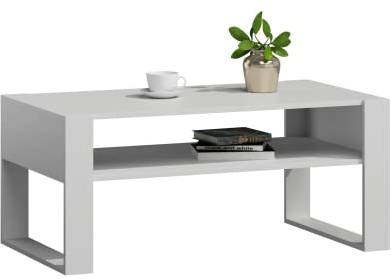 MATKAM Couchtisch KAJA H50 x B100 x T53,6 cm Loft Retro, offene Ablage unter der Tischplatte, Kufenbeine (Weiß-Weiß)