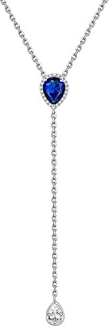 FOCALOOK Geburtsstein Halskette September 40+5cm Y Lariat Kette 925 Sterling Silber Synthetischer Saphir Quastenkette Schmuck Accessoire für Damen Mädchen